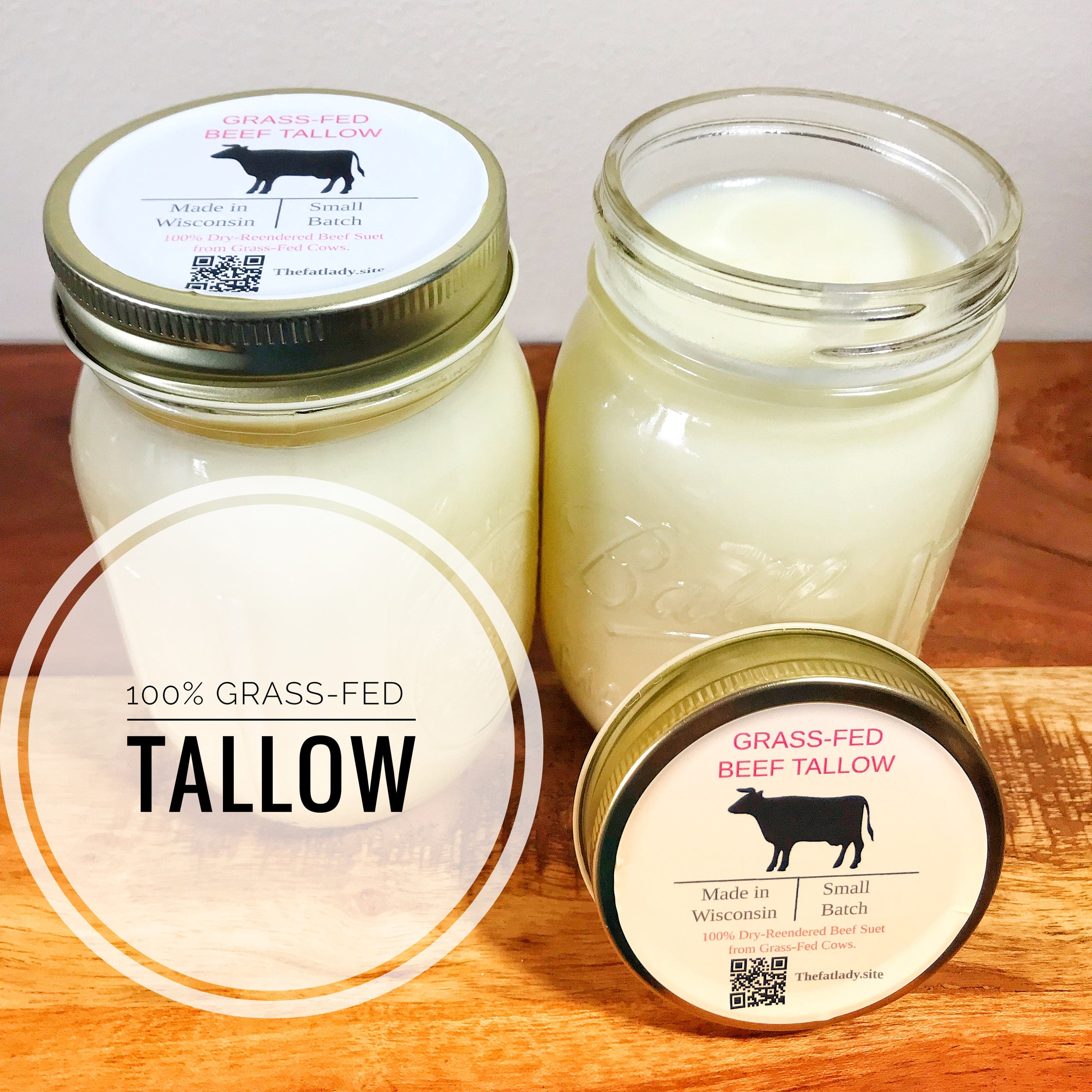 100% Highest Quality Grass-Fed Beef Tallow from Wisconsin| Reusable Glass Jar| Double Rendered and Filtered Maximum Purity and Stability.